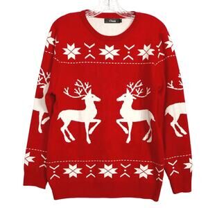 NWOT ICLOSAM Sweater Red White Reindeer Snowflake Fair Isle Long Sleeve Cotton
